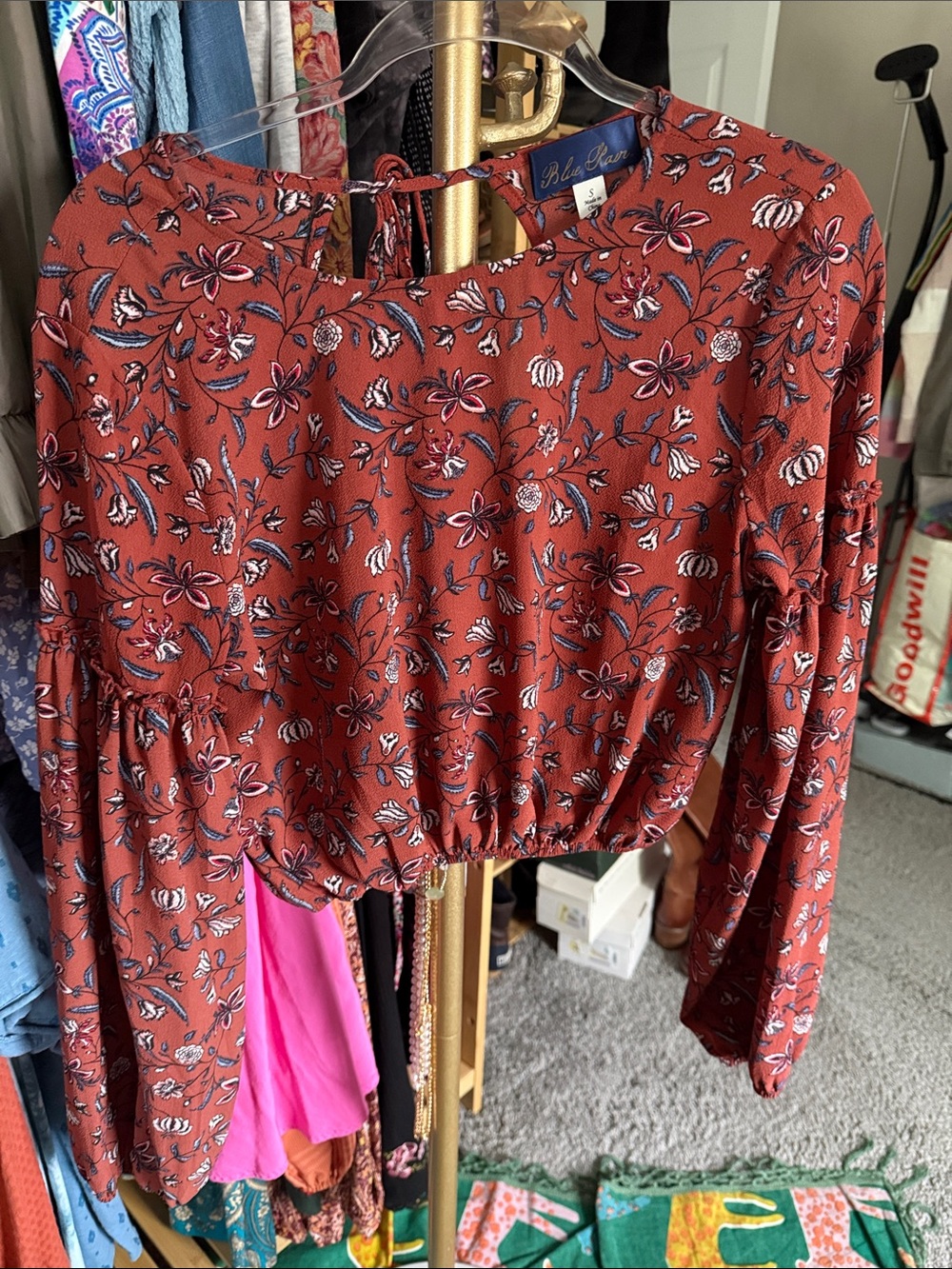 Blue Sky Rust Floral Cropped Balloon-Sleeve Blouse small